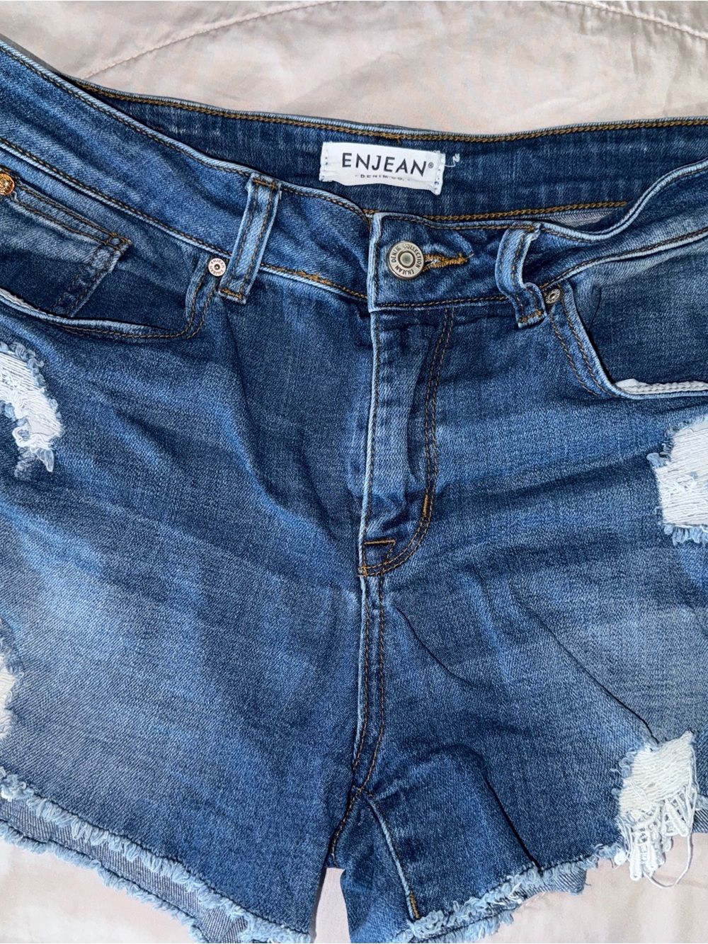 ENJEAN Women's Distressed Blue Denim Shorts